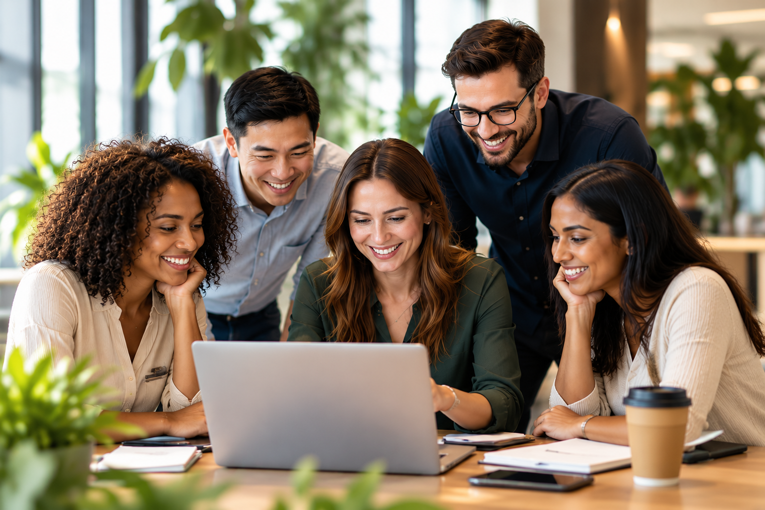 Professionals collaborating around a laptop in a bright modern workspace