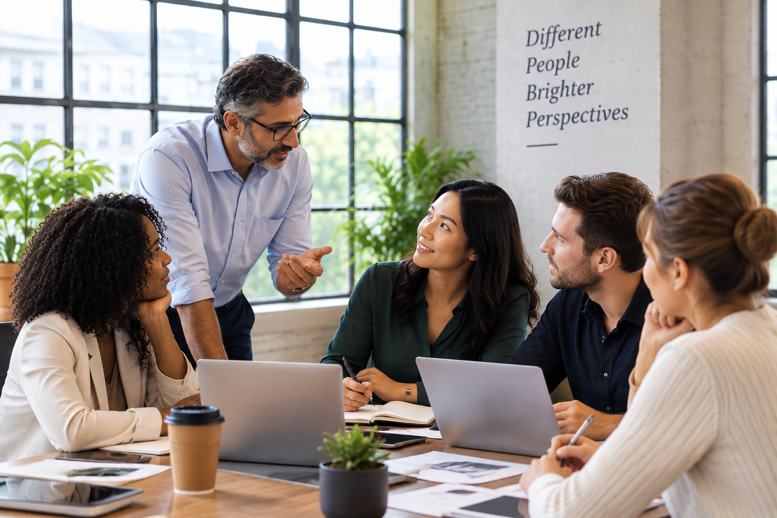 A diverse group of professionals collaborating in a bright modern office